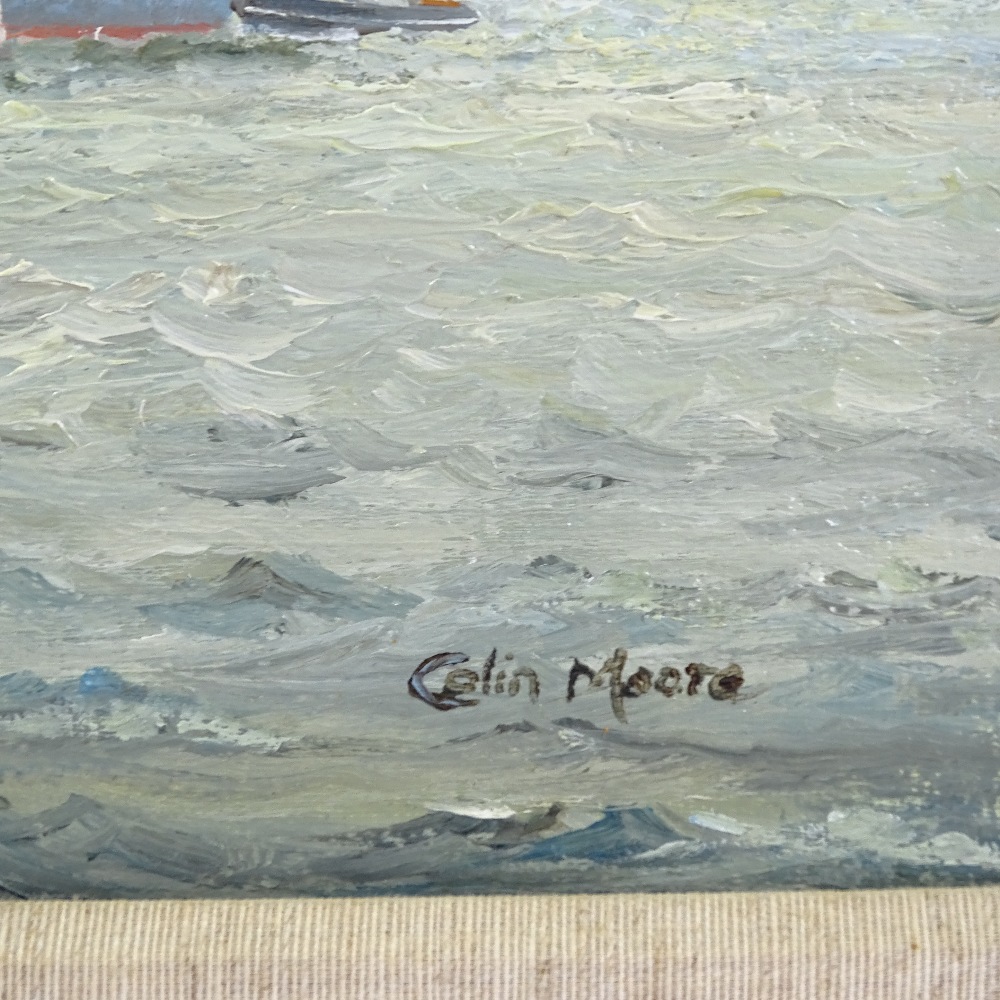Colin Moore, oil on canvas, steam ships off the coast, 12" x 17", framed - Image 3 of 4