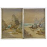 Claude Hart, watercolour, Cornish cove, 13.5" x 21", and T Dyke Hart, pair of watercolours, beach