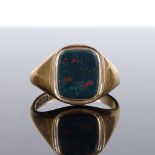 A 9ct gold bloodstone seal signet ring, setting height 14.6mm, size V, 6.2g