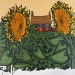 Robert Tavener, linocut print, Sunflowers and Cottage, artist's proof, signed in pencil, sheet