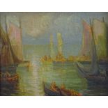 British School, oil on board, fishing harbour scene, 8" x 10", framed