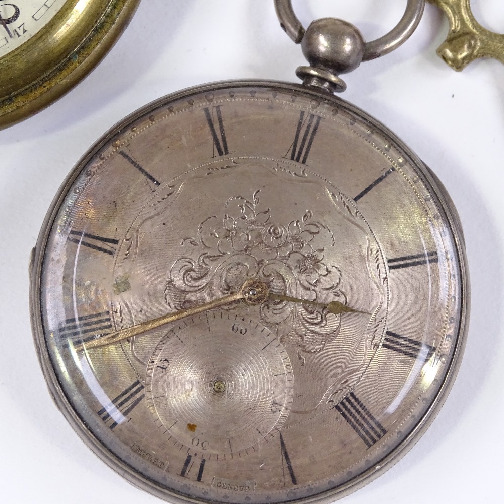 2 pocket watches, comprising an unmarked silver-cased pocket watch, and an Art Deco brass-cased - Image 2 of 5