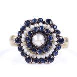 An Austro-Hungarian sterling silver sapphire and pearl cluster ring, setting height 16.8mm, size