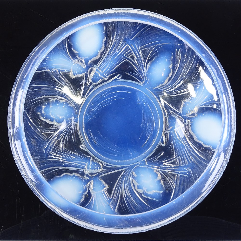 A moulded vaseline vase wheatsheaf design opalescent table centre bowl, no marks, diameter 25cm, and - Image 3 of 3