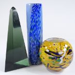 3 pieces of coloured studio glass, 1 signed, largest height 24cm