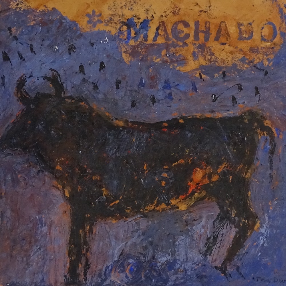 Mixed media painting on card, study of a bull, indistinctly signed, 11" x 12" - Image 2 of 4