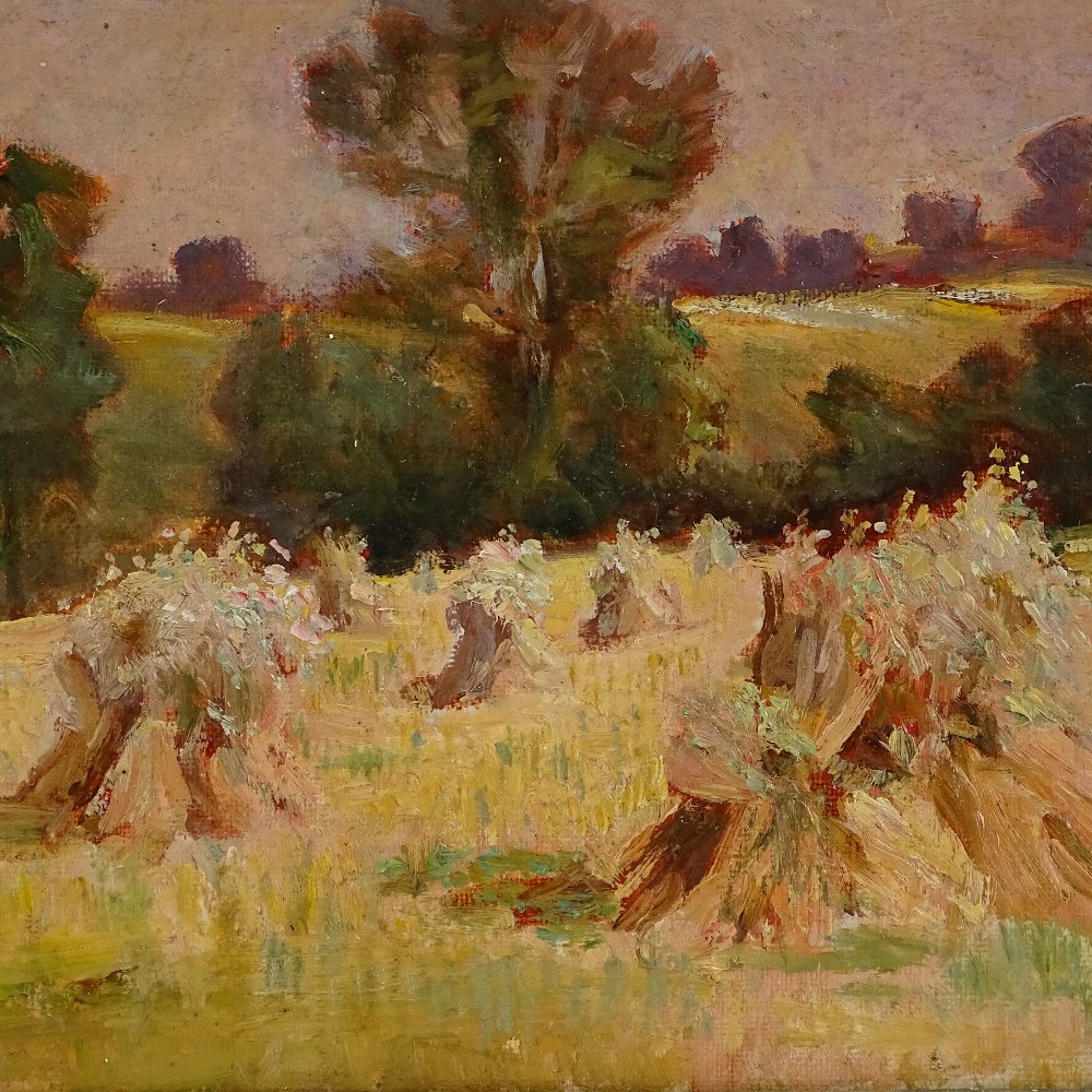 Early 20th century oil on board, corn stooks, unsigned, 8.5" x 10", framed