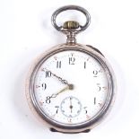 A Continental silver cased open-face top-wind pocket watch by JWC, engine turned case with