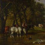 19th century English School, oil on canvas, farmer with horses, cattle and sheep resting at the