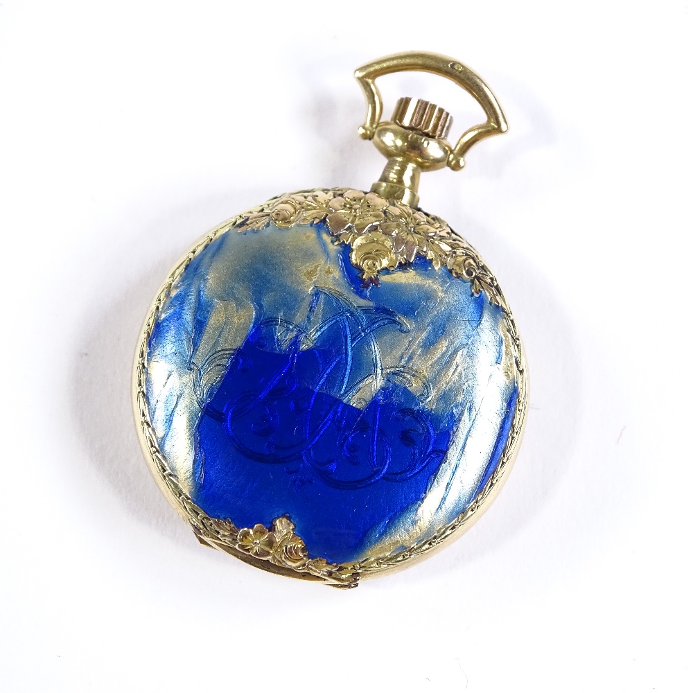 A Swiss 18ct gold open-face top-wind fob watch, with cast floral surround and blue enamel - Image 2 of 5