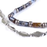 A sterling silver and moss agate tube necklace, together with an unmarked silver stylised panel