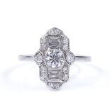 An Art Deco style 18ct white gold diamond panel ring, set with round brilliant and baguette-cut