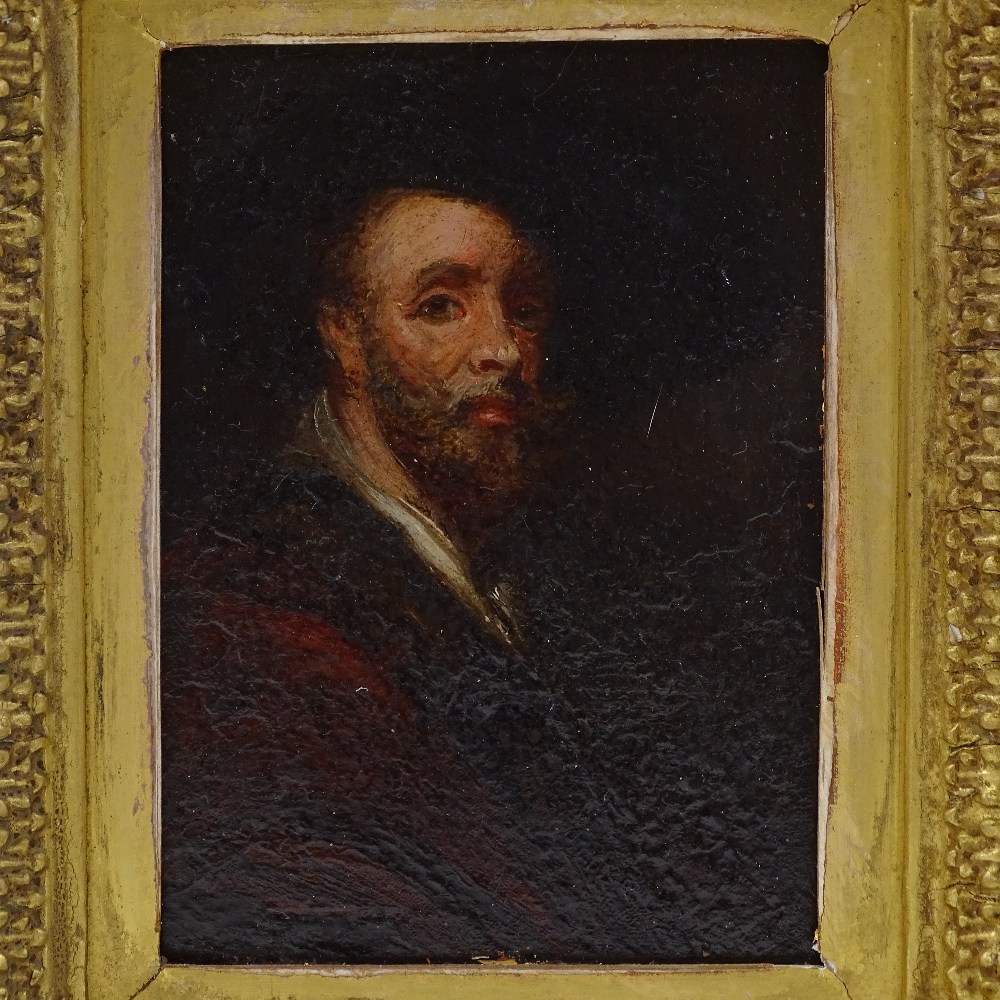 19th century oil on board, half length portrait of a man wearing a wide brimmed hat, unsigned, 4. - Image 2 of 4