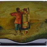 A small Russian lacquer jewel box, hand painted and gilded lid depicting a farmer and his wife,