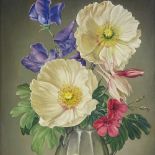 James Noble (1919 - 1989), oil on panel, Iceland poppies, sweet peas and flax in a silver jug, 1974,