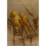 Alfredo Bonaventura (1942 - 1982), oil on canvas laid on board, Fishermen with nets, 24" x 18",