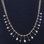 An Edwardian 15ct gold opal and rose-cut diamond graduated drop collar necklace, largest drop height