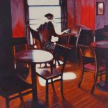 Modern oil on canvas, cafe scene, indistinctly signed, 24" x 36", framed