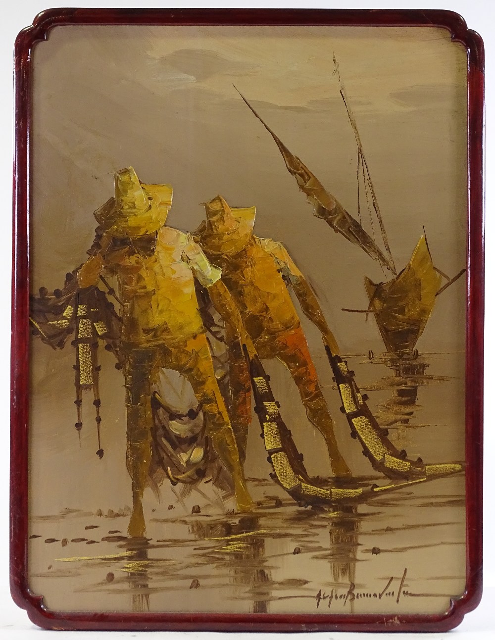 Alfredo Bonaventura (1942 - 1982), oil on canvas laid on board, Fishermen with nets, 24" x 18", - Image 2 of 4