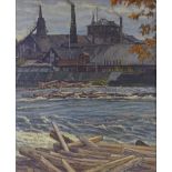 Sodra Hyttan, oil on canvas, European industrial river scene, 24" x 20", framed