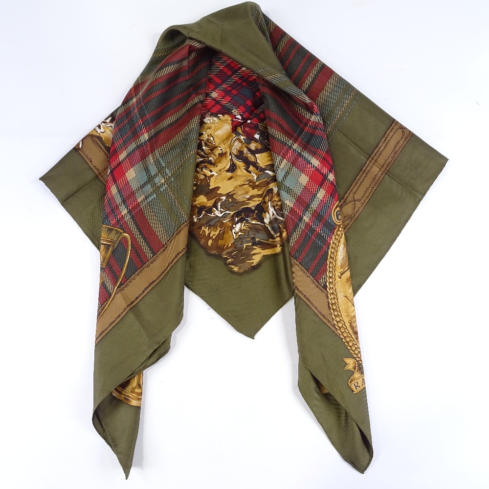 A Ralph Lauren hunting design silk scarf, on olive green ground, 90cm x 90cm - Image 3 of 3