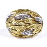 A 1970s 18ct gold diamond set feather bombe ring, setting height 17.1mm, size N, 12.1g