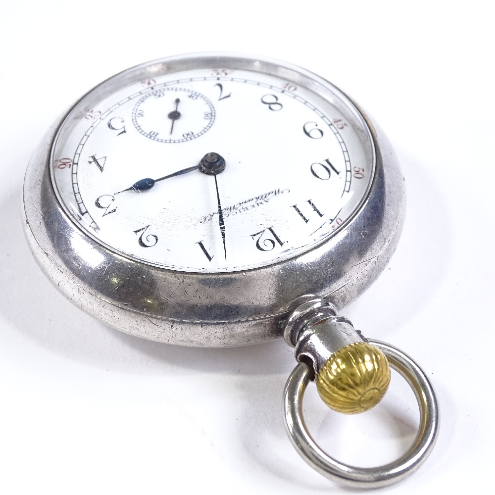 A steel cased open-face top-wind Waltham pocket watch, Arabic numerals with subsidiary seconds - Image 4 of 5