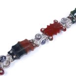 A Scottish silver hardstone bracelet, set with banded agate, bloodstone and carnelian panels,