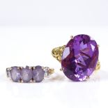 A 9ct gold amethyst and baguette-cut diamond dress ring, size S, together with a silver-guilt