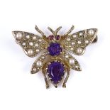 A 9ct gold amethyst, pearl and ruby figural bug brooch, wingspan 26.3mm, 3.5g