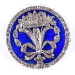 An Antique unmarked gold diamond and blue enamel circular brooch, depicting spray of flowers and