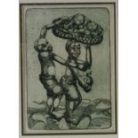 Robino Ntila (born 1953), 2 etchings, men carrying fruit, plate size 8.5" x 6", and woman and