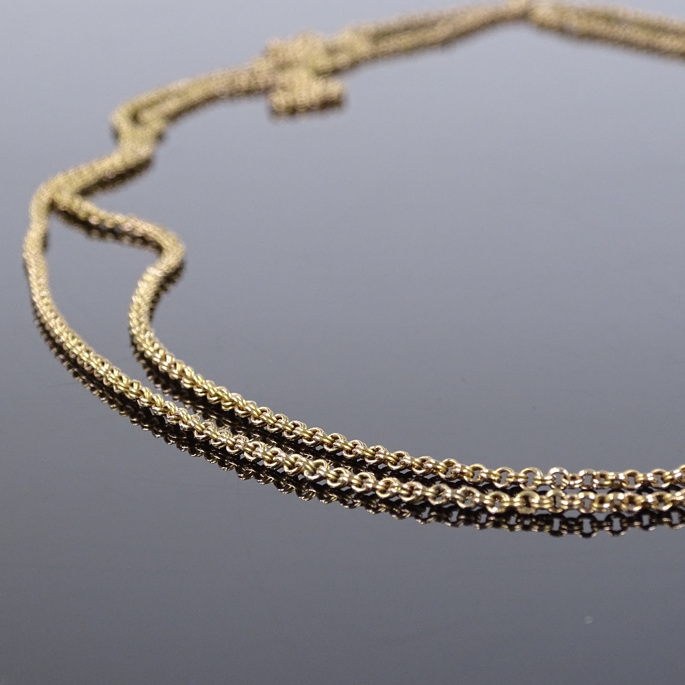 A Victorian 15ct gold double belcher link long guard chain, length 82cm, 31g