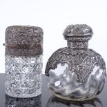 2 silver-mounted cut-glass dressing table jars, comprising dimpled glass and pierced silver