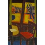 Oil on canvas, modernist study, chair by a window, unsigned, 30" x 20", framed