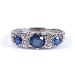 A modern 9ct white gold 7-stone sapphire and diamond dress ring, setting height 6mm, size Q, 3.5g