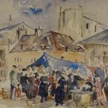 Dorothea Travers-Smith, watercolour, street market Concarneau, 15" x 22", framed
