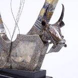 An Iraqi unmarked silver niello and brass model of The Lyre of Ur, with geometric pattern and cows