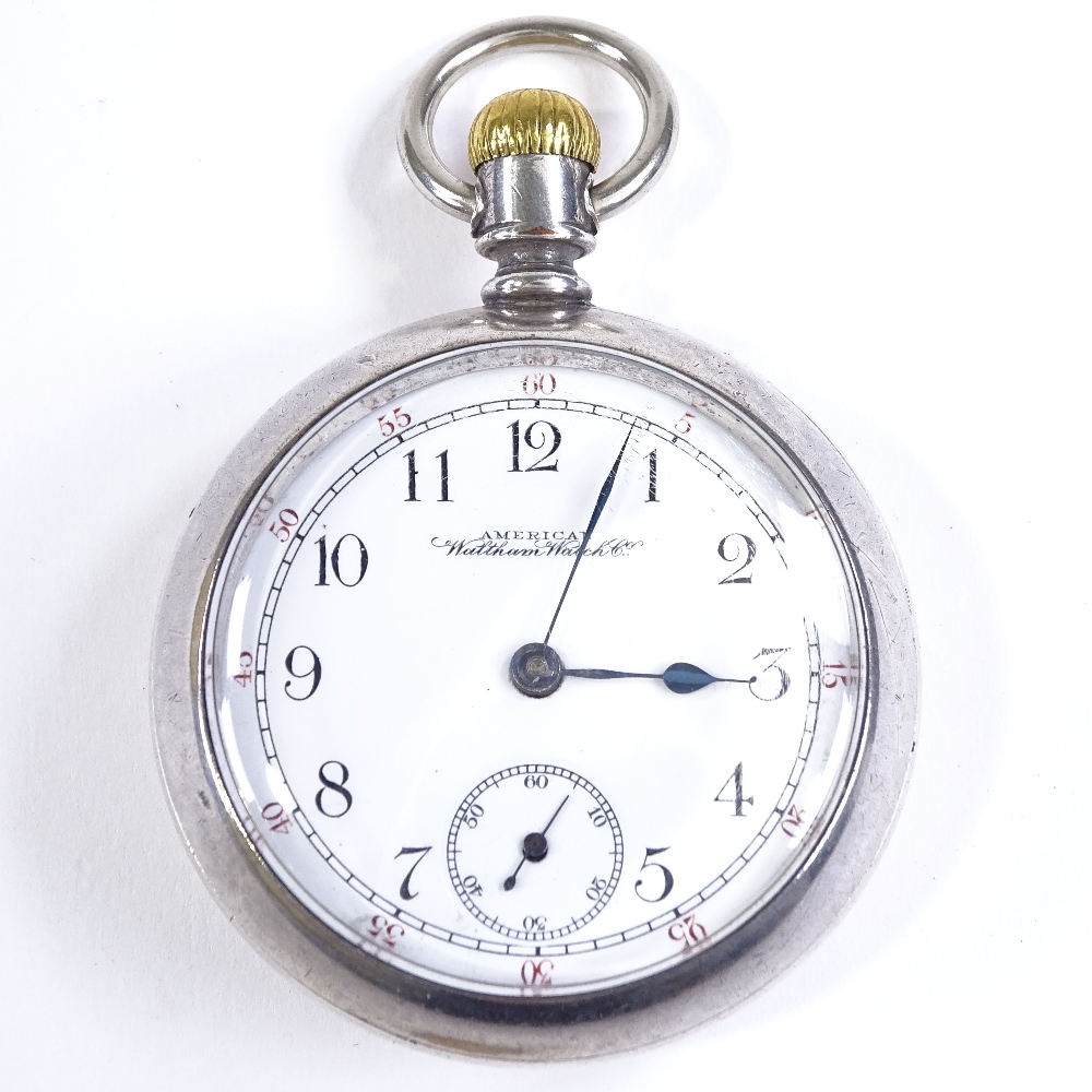 A steel cased open-face top-wind Waltham pocket watch, Arabic numerals with subsidiary seconds - Image 2 of 5