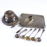 Various silverware, including engine turned silver cigarette case, inkwell, tongs, and cruet spoons,