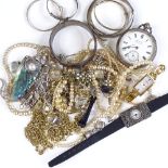 Various silver and costume jewellery, including Victorian hinged bangle, silver pocket watch etc