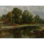 William Walker Langley, pair of oils on canvas, rural river scenes with cattle, 12" x 20", framed