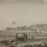 19th century monochrome watercolour/pencil, busy harvest view over Brighton, unsigned, 8" x 21",