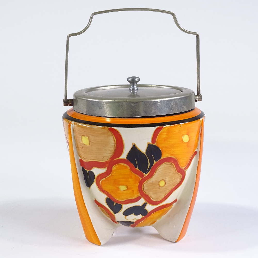 A Clarice Cliff Bizarre Fantasque design rocket-shaped biscuit barrel, with nickel plate mounts, - Image 2 of 3