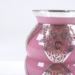 A silver-overlay pink glass double-gourd vase, height 13cm