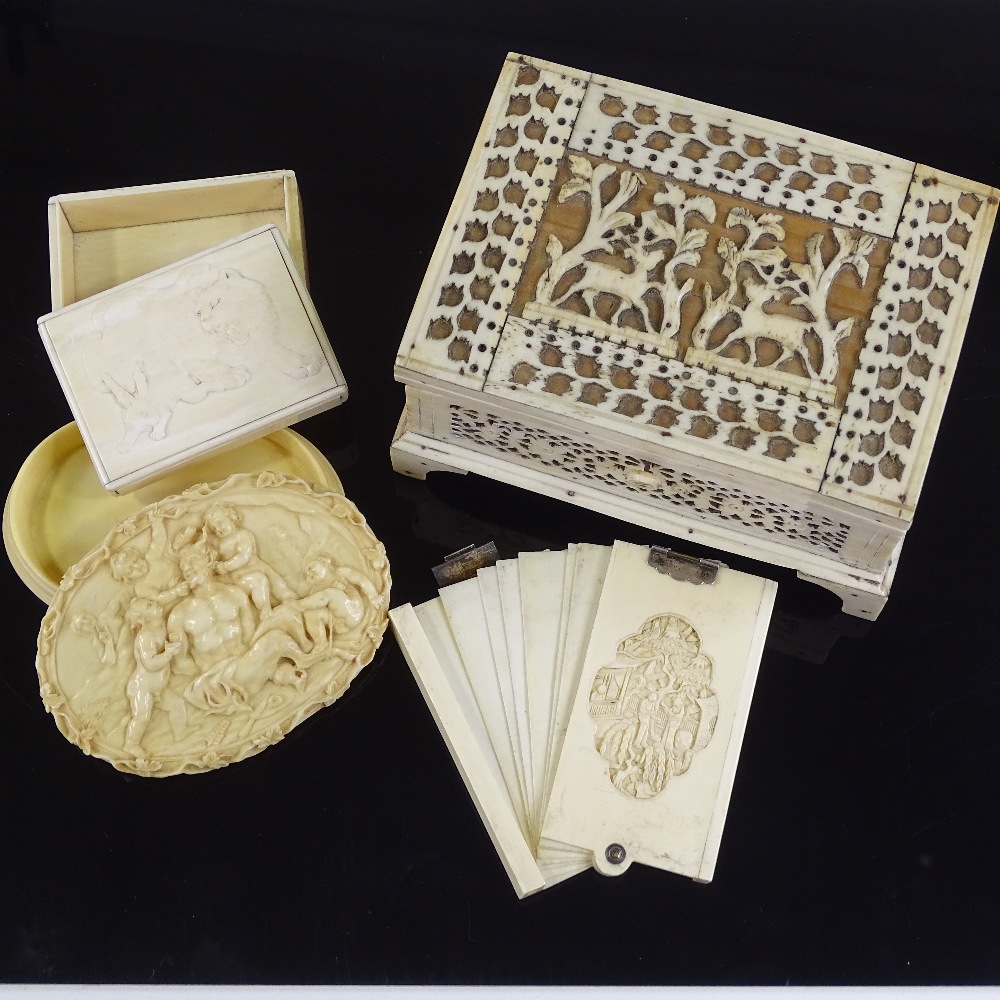 A 19th century bone fretwork decorated jewel box, length 14cm, a Chinese relief carved ivory card - Image 2 of 17