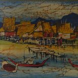 Choo Git Man, Batik painting, harbour scene, 15" x 23", framed