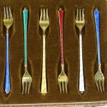 A set of 6 Danish sterling silver and enamel pickle forks, length 12cm