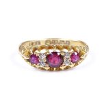 An 18ct gold 7-stone ruby and diamond half-hoop ring, setting height 6.6mm, size M, 2.7g