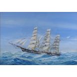 M J Barton, gouache, ship portrait, The Hesperus on rough seas, 14" x 20", framed